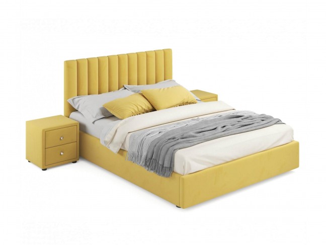 Мягкая кровать с тумбами Olivia 1600 желтая с подъемным механизм фото