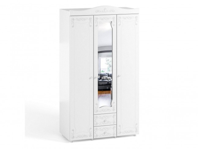 Шкаф 3-х дверный с ящиками и зеркалом Италия ИТ-57 белое дерево фото