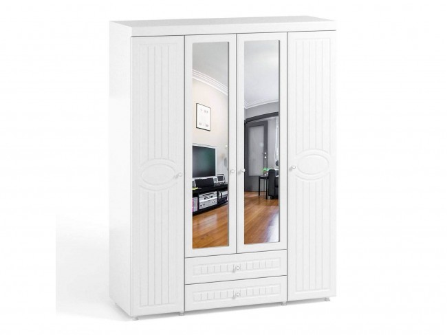 Шкаф 4-х дверный с ящиками и 2-я зеркалами Монако МН-63 белое де фото
