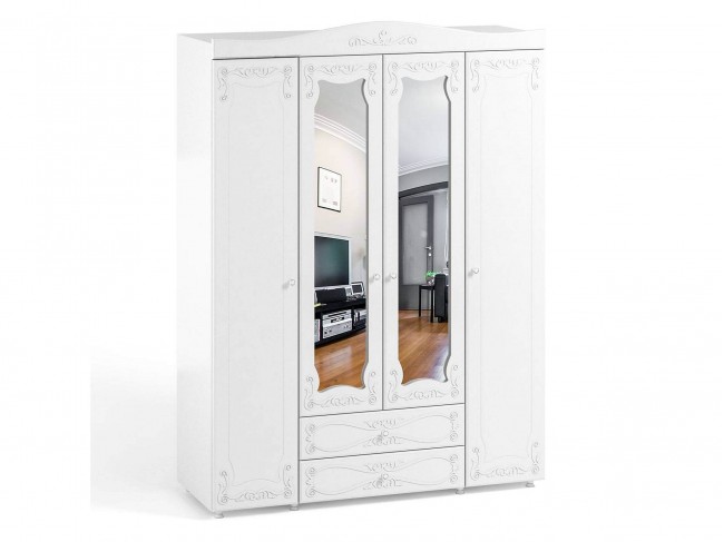 Шкаф 4-х дверный с ящиками и 2-я зеркалами Италия ИТ-63 белое де фото